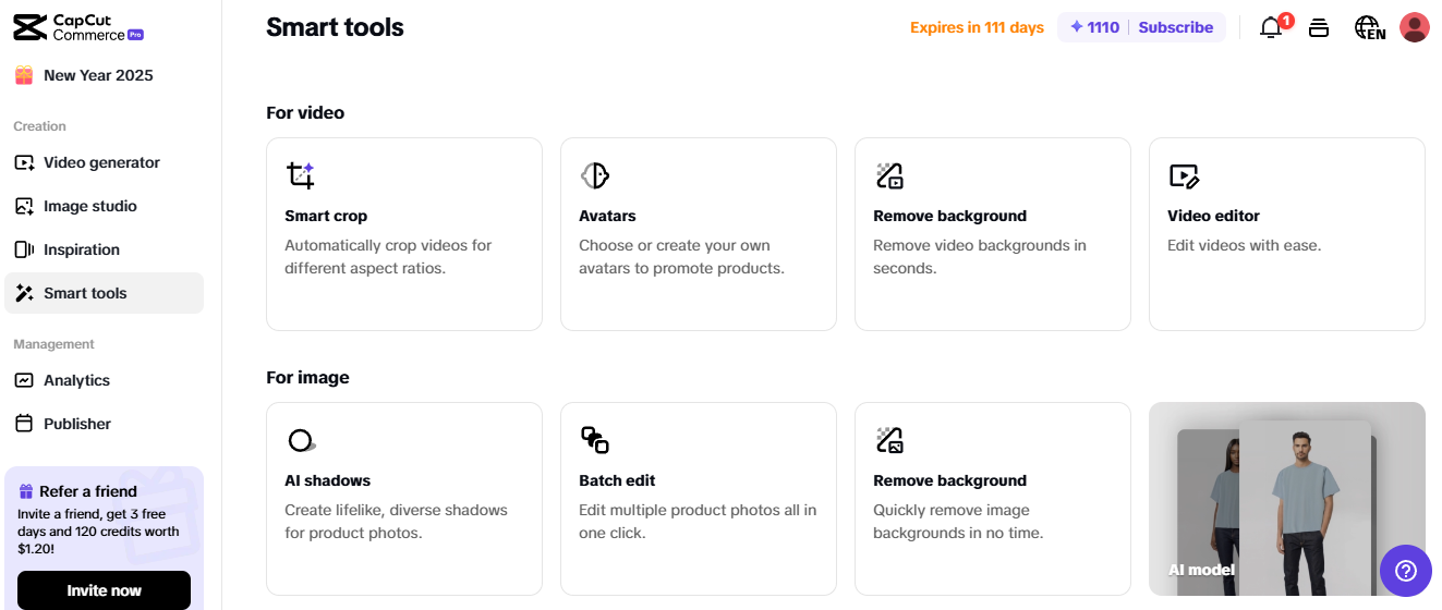 Pippit tools for affiliate marketing, including video editing, background removal, and batch image editing.